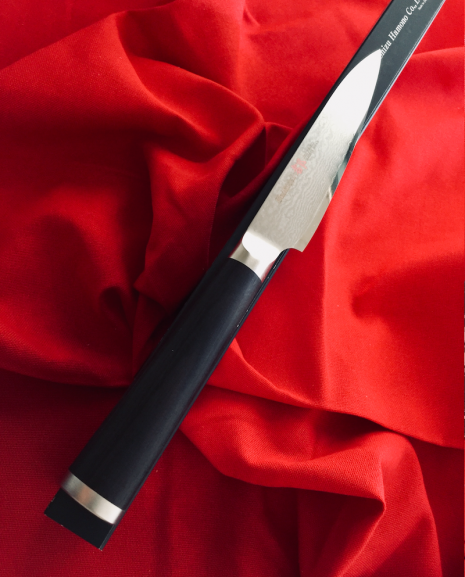 Shikisai Miyako Damascus Japanese Utility knife traditional damascus blade 110mm, With Ogg Sharpening edge